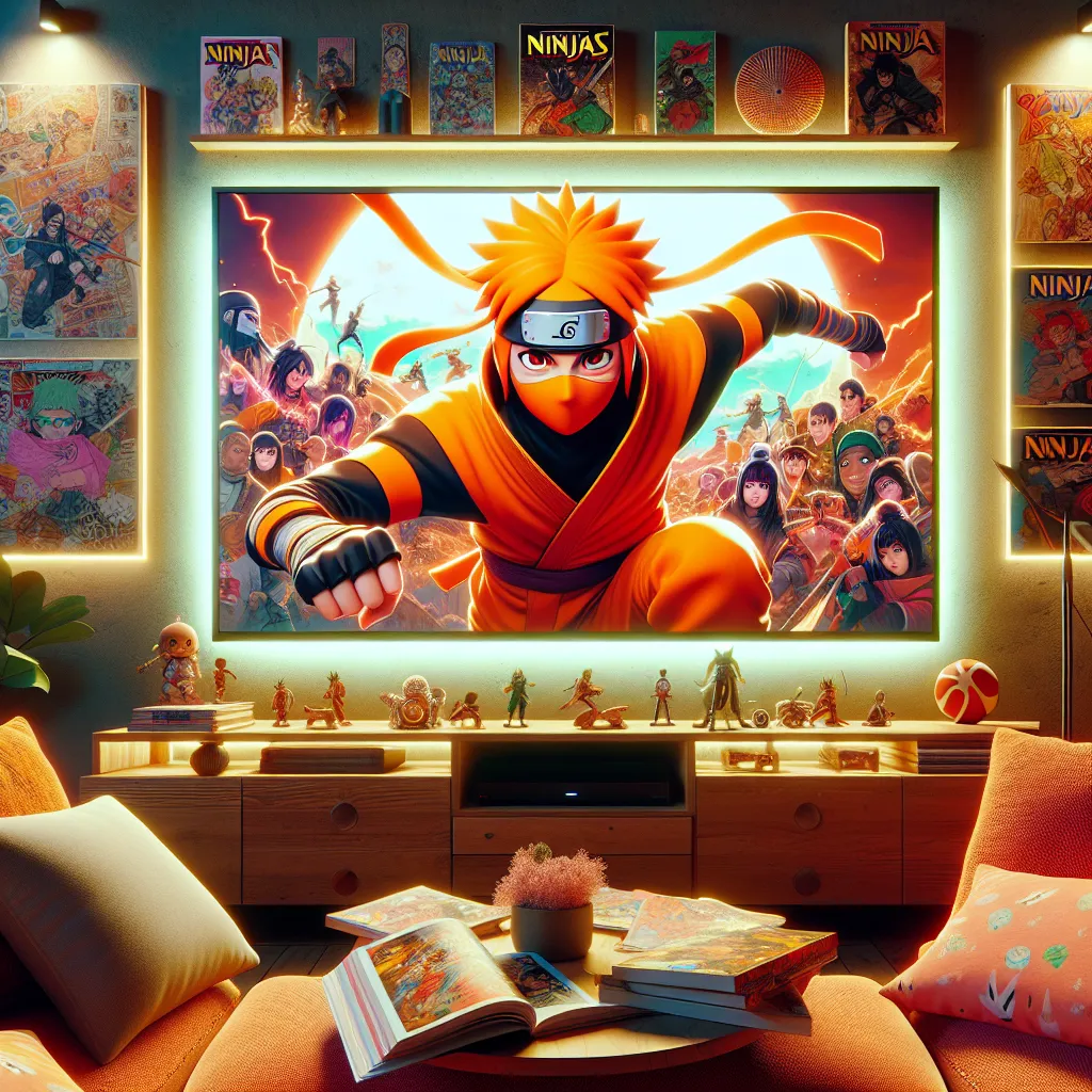 Uma imagem vibrante de uma tela de TV exibindo um episódio de Naruto, cercada por volumes de mangá e produtos relacionados. A sala de estar é aconchegante, com iluminação suave e almofadas fofas, convidando os espectadores a se entregarem a uma maratona de sua série de anime favorita.