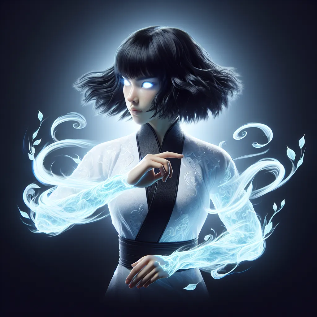 Uma imagem dinâmica de Hinata Hyuga em uma pose confiante, rodeada por uma suave aura azul, exibindo seus olhos Byakugan brilhando com poder. Ela pratica uma técnica de punho gentil, com folhas girando ao seu redor, simbolizando sua conexão com a natureza e suas impressionantes habilidades de artes marciais.